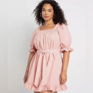Eloquii Linen Blend Smocked Ruffle Belted Mini Dress Pink Size 14/16 NWT